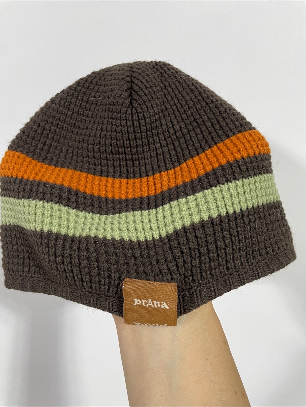 Prana Brown Knit Beanie with Orange and Light Green Stripes